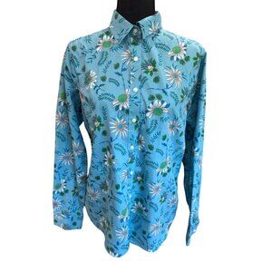 Lands End No Iron Supima Cotton Vintage Floral Butto Shirt 12 Blue Green Daisy